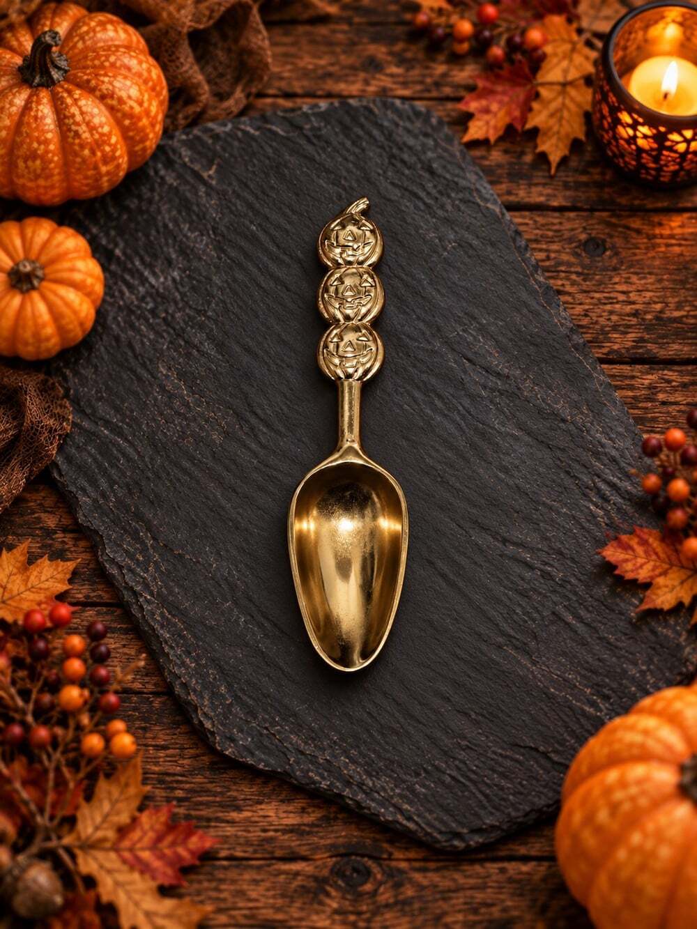 New Halloween Gold Metal RIP Stacked Pumpkins Spooky Ice Scoop Spoon